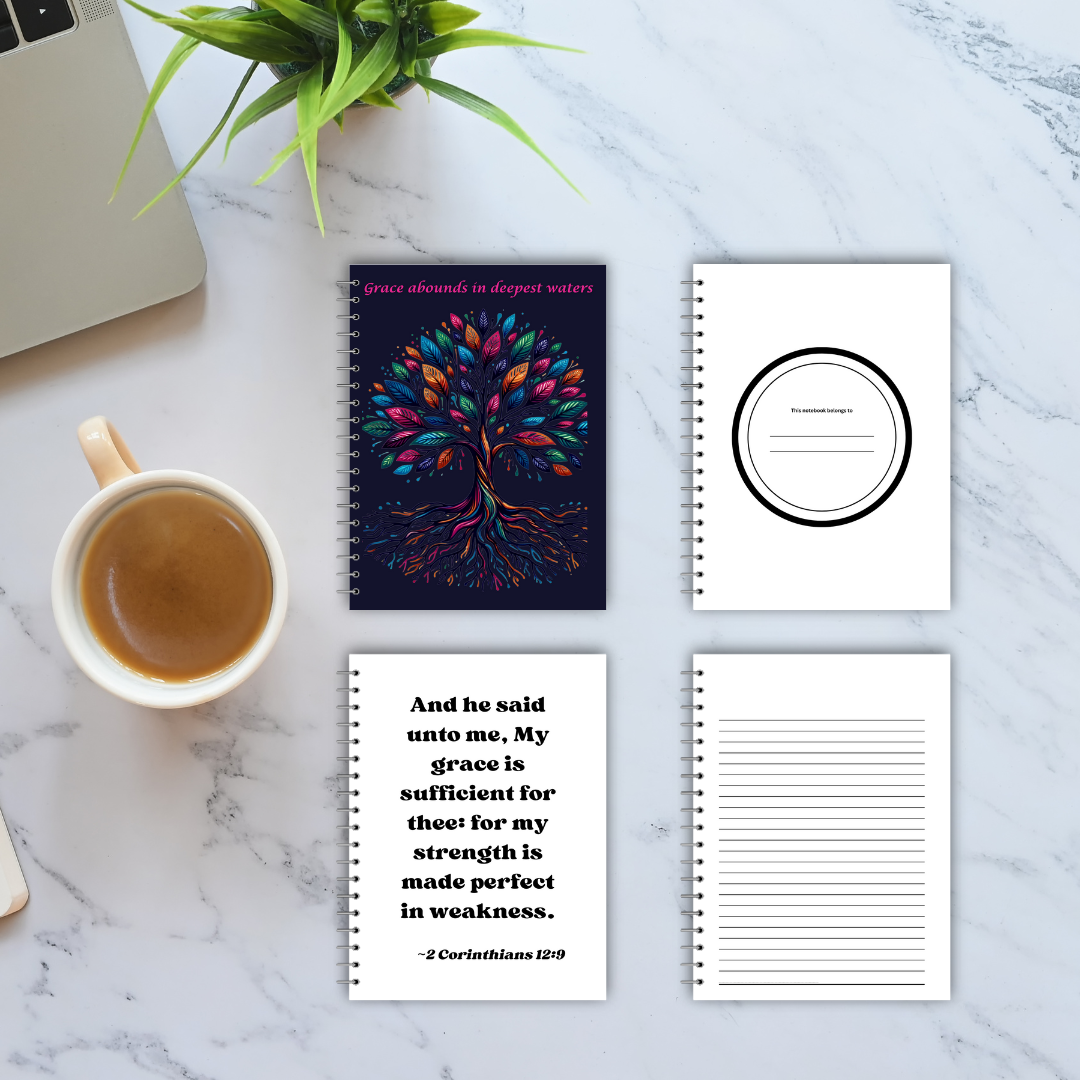 Christian Faith Journal - Grace Abounds - Blue Background Rainbow Tree Cover