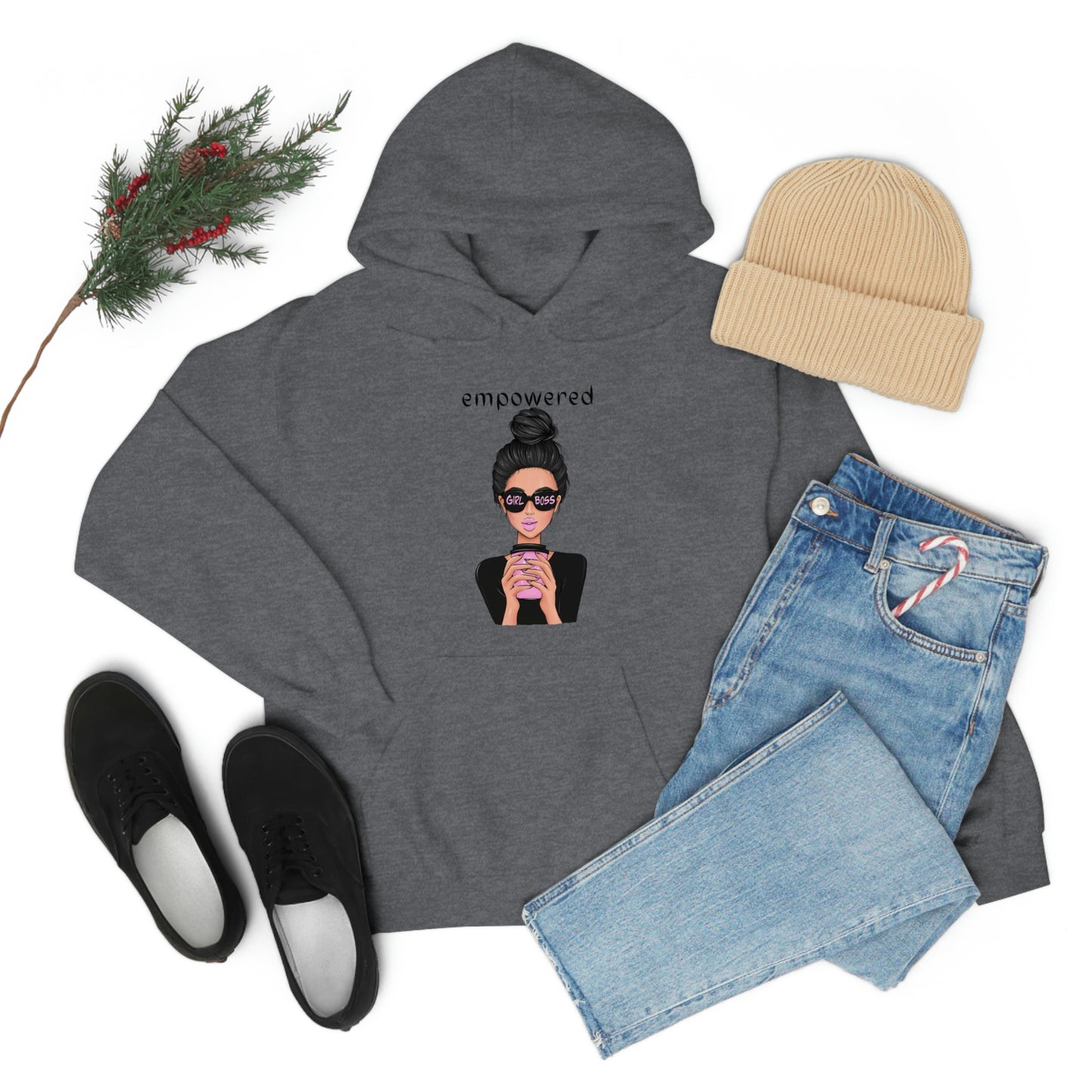 Empowered Girl (Caucasian with black hair) Boss Hooded Sweatshirt