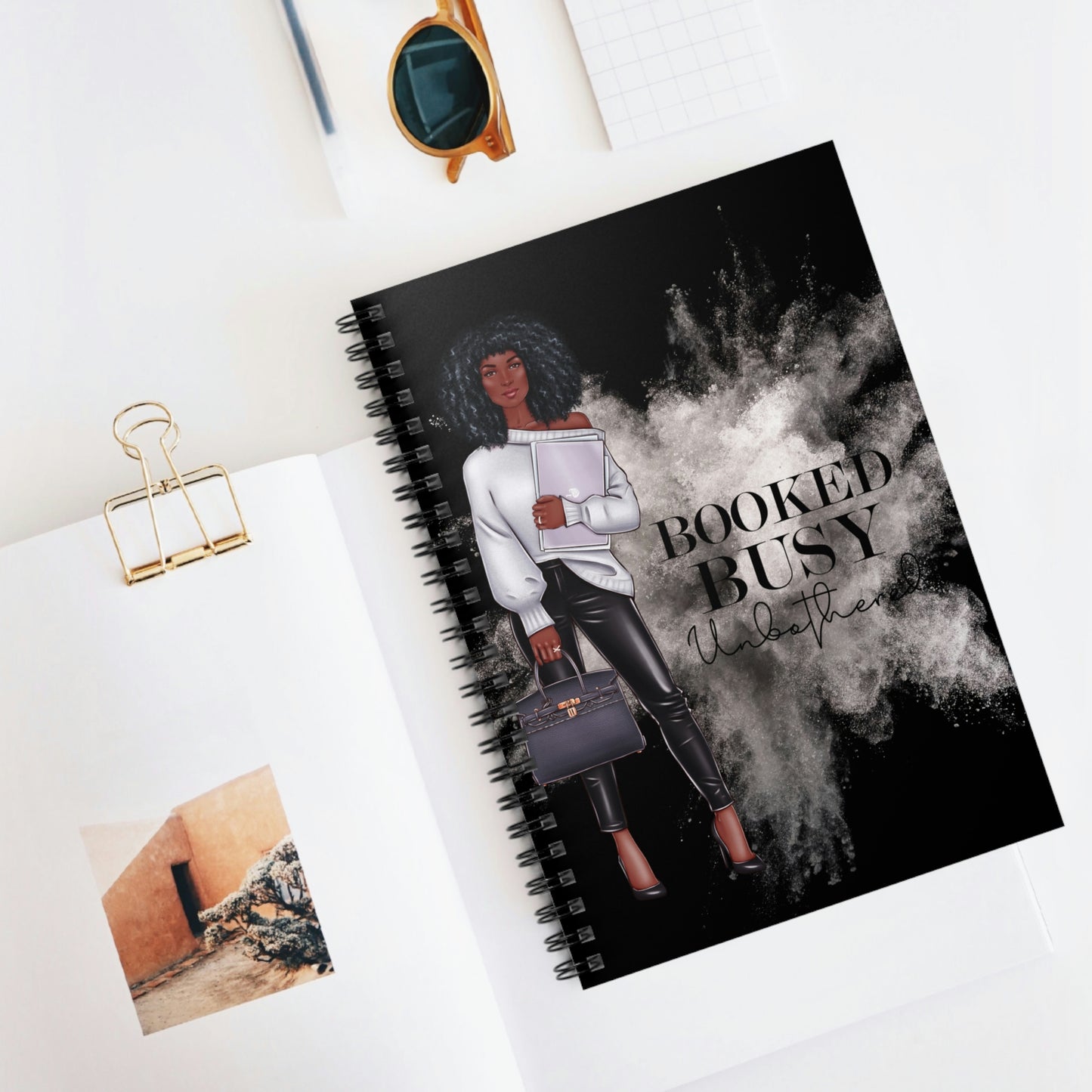 Booked, Busy, Unbothered (African American) (Black and White Cover) Spiral Notebook - Ruled Line