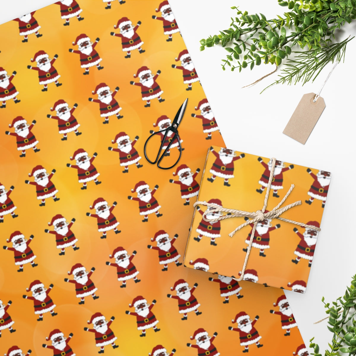 Black Santa Orange Background - Wrapping Paper