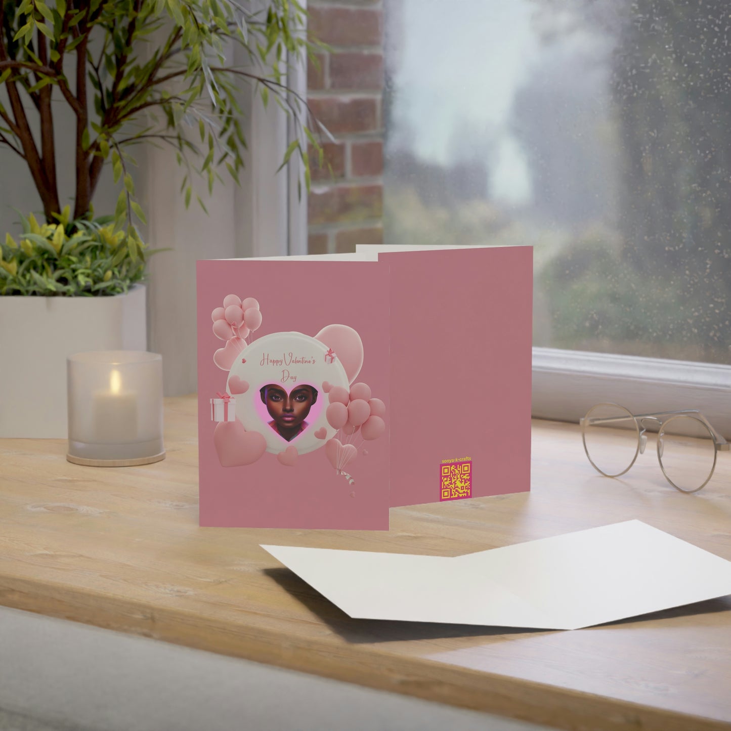 Pink Balloons, Darkish Pink Background, Pink Happy Valentine's Day Folded Greeting Card