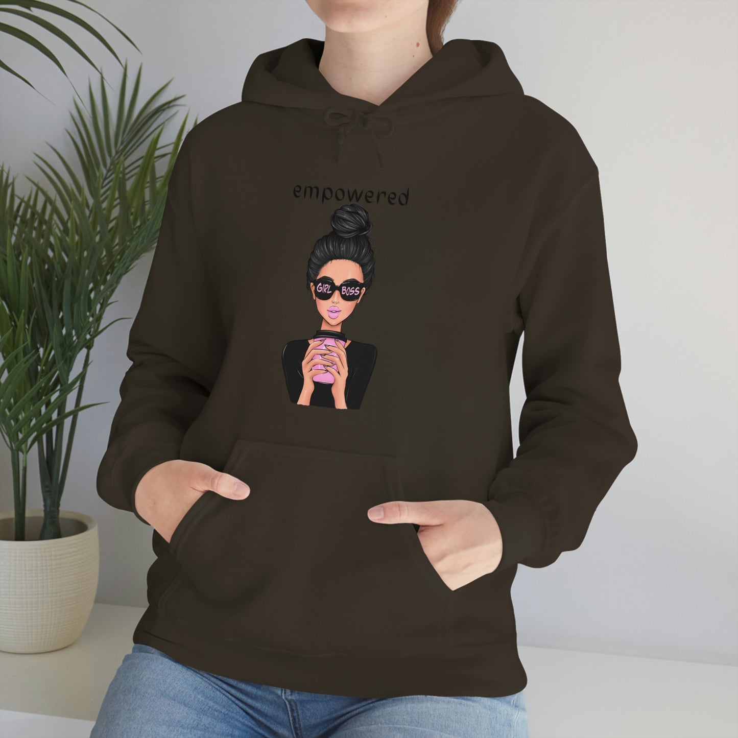 Empowered Girl (Caucasian with black hair) Boss Hooded Sweatshirt