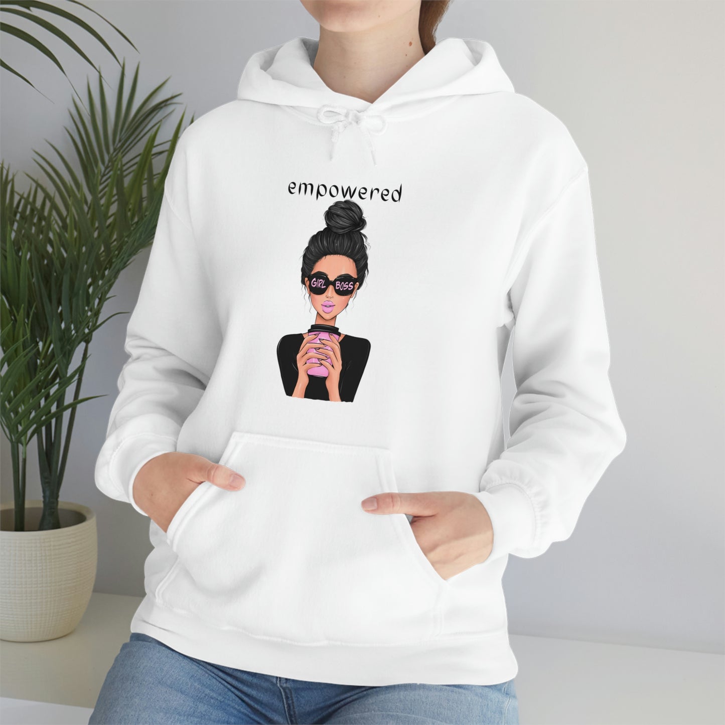 Empowered Girl (Caucasian with black hair) Boss Hooded Sweatshirt