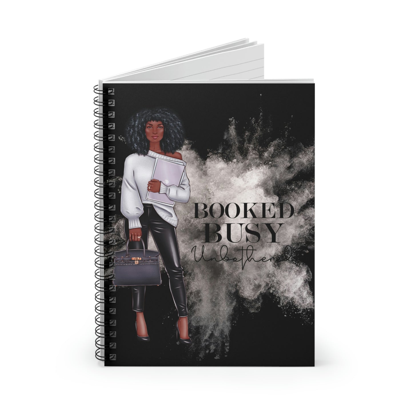 Booked, Busy, Unbothered (African American) (Black and White Cover) Spiral Notebook - Ruled Line