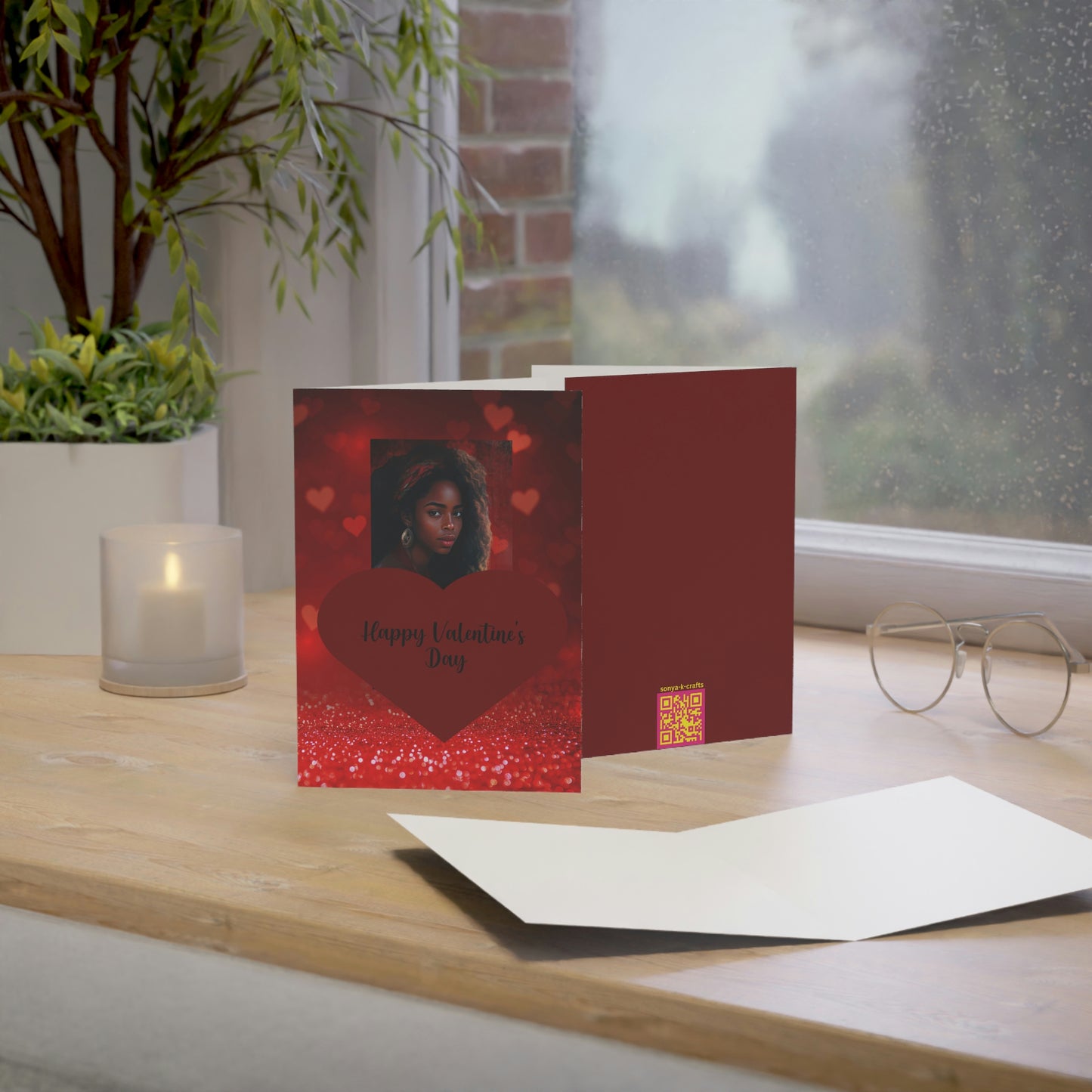 Red Heart, Burgundy Background, Black Happy Valentine's Day Folded Greeting Card