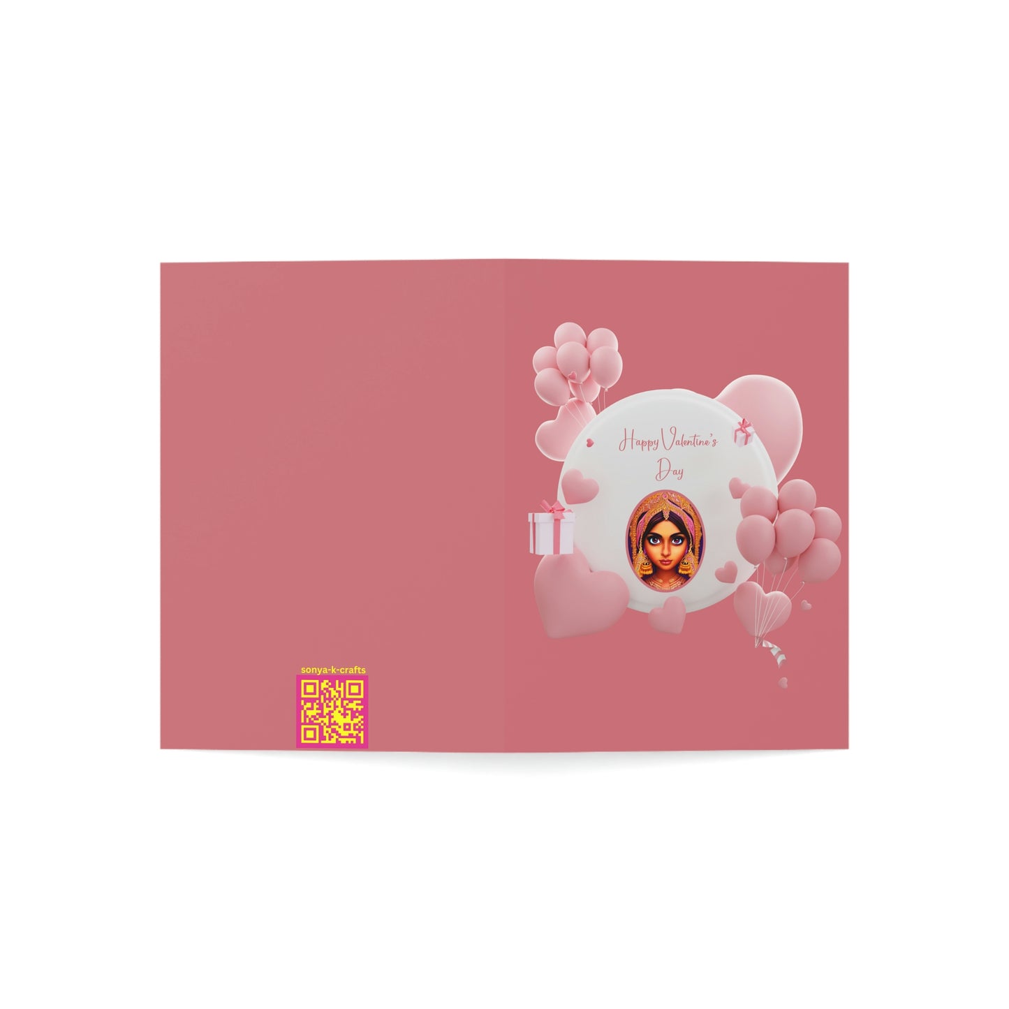 Pink Balloons, Mauve Background, Pink Happy Valentine's Day Folded Greeting Card