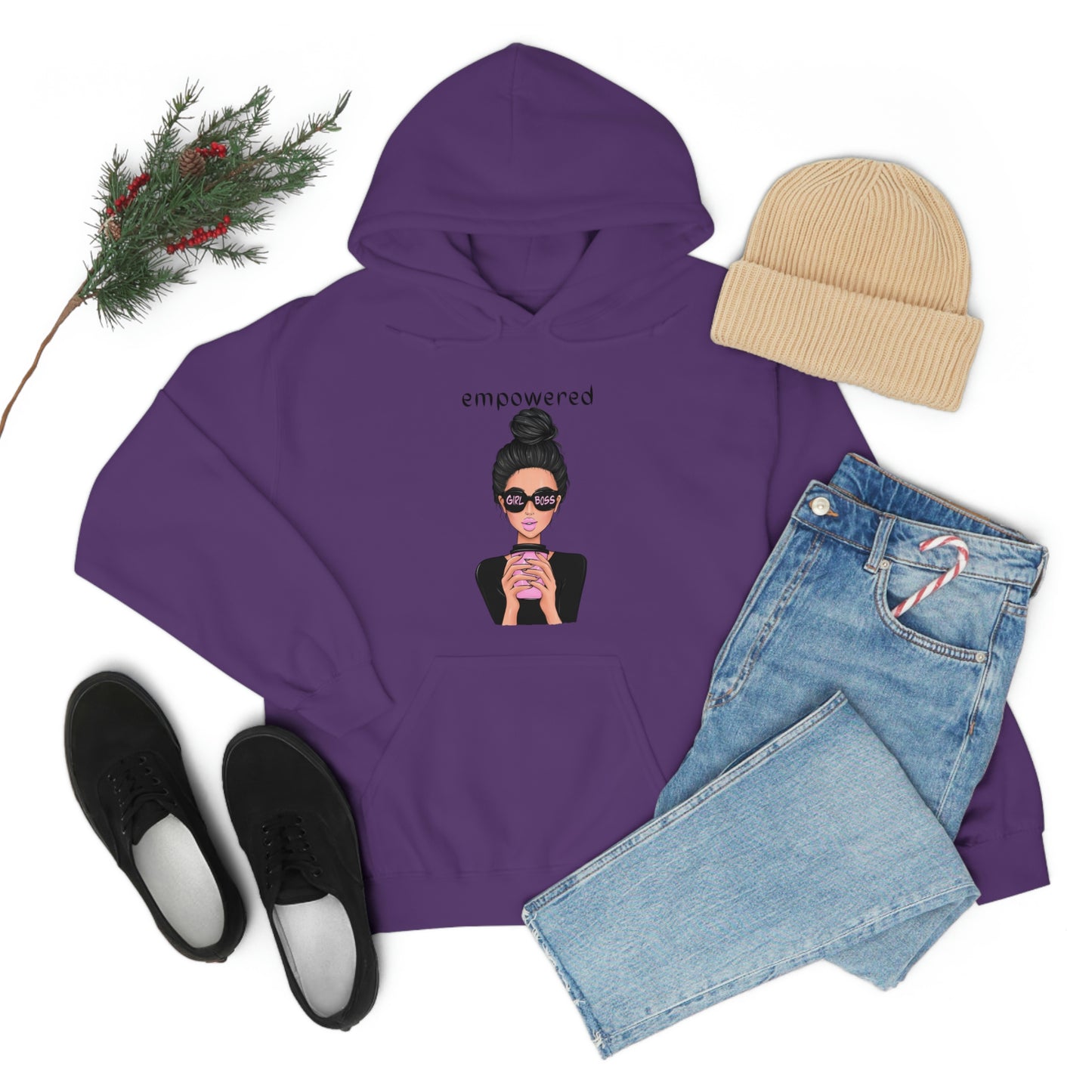 Empowered Girl (Caucasian with black hair) Boss Hooded Sweatshirt