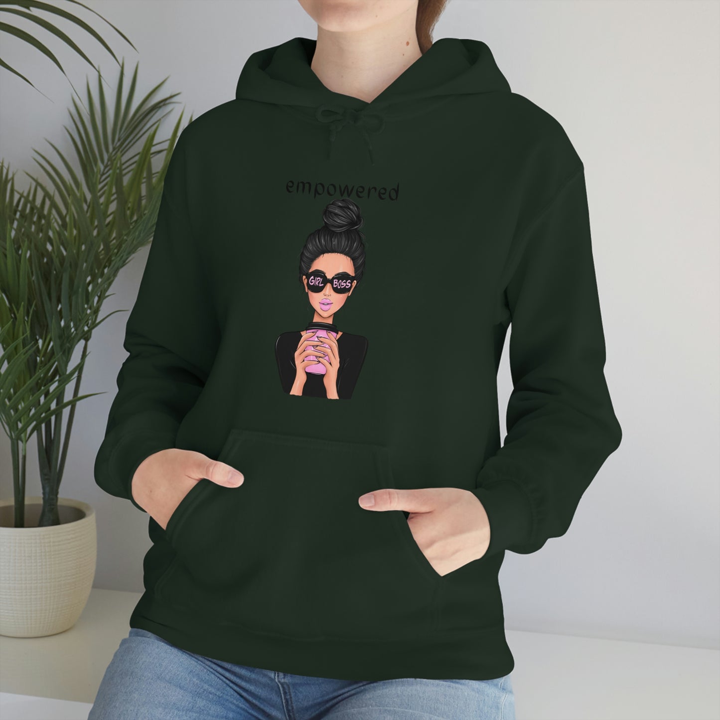 Empowered Girl (Caucasian with black hair) Boss Hooded Sweatshirt