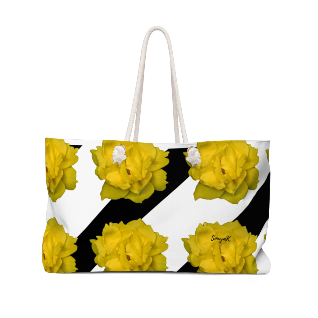 Black/White Stripes and Yellow Flowers Weekender Bag
