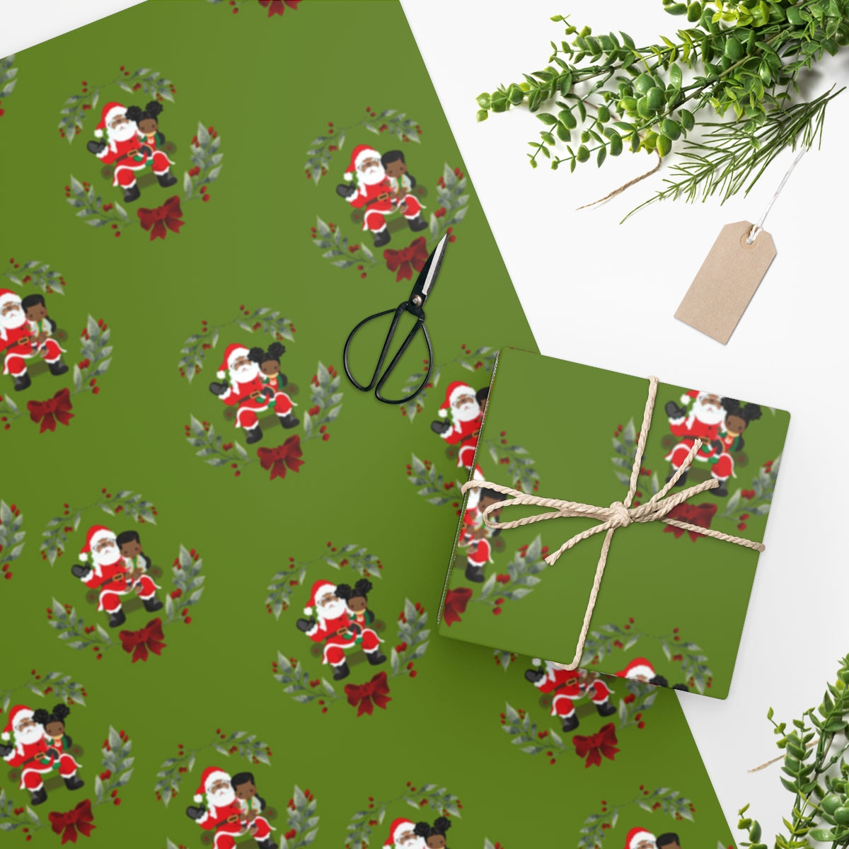 Sitting on Santa's Lap (light green background) - Wrapping Paper
