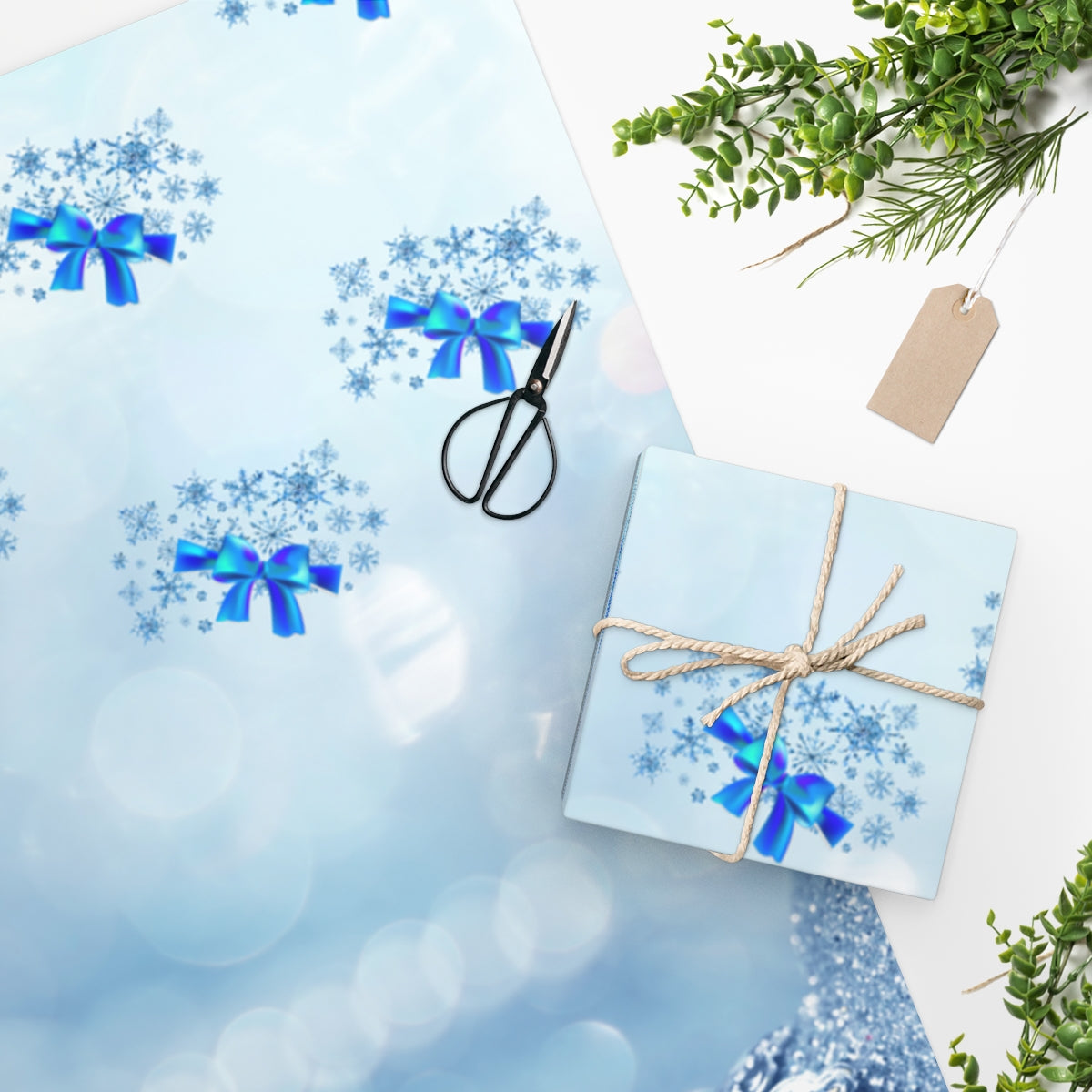 Blue Snow and Blue Bows - Wrapping Paper