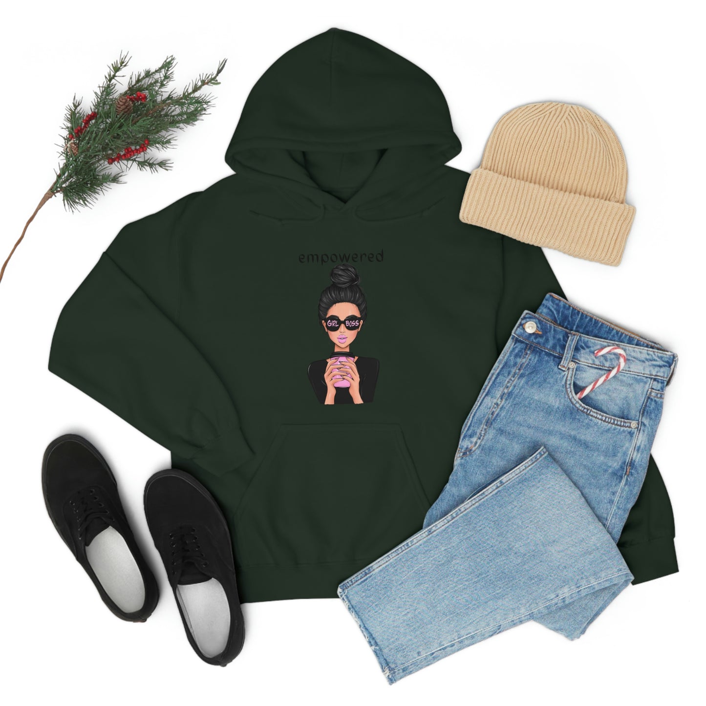 Empowered Girl (Caucasian with black hair) Boss Hooded Sweatshirt