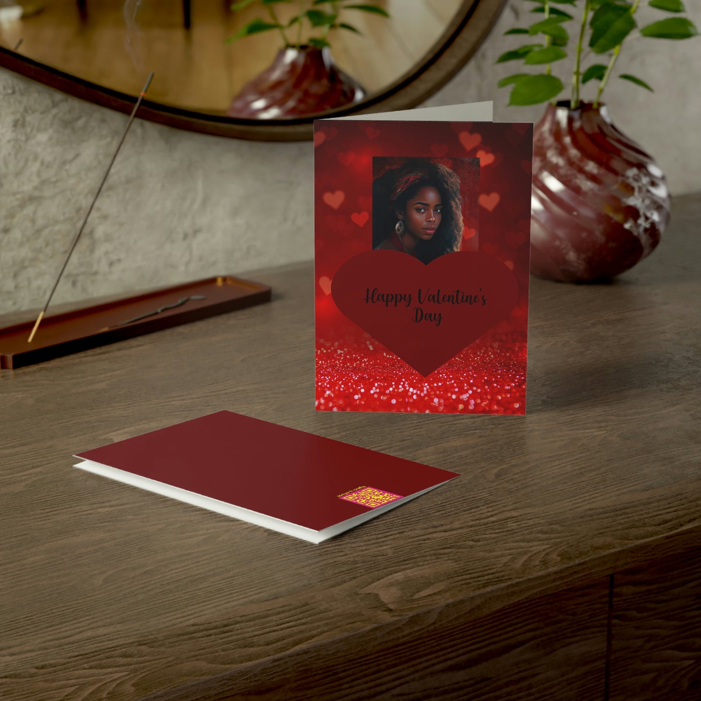 Red Heart, Burgundy Background, Black Happy Valentine's Day Folded Greeting Card