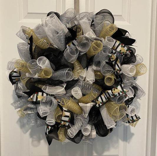 Black, silver and gold Christmas wreath - 14"
