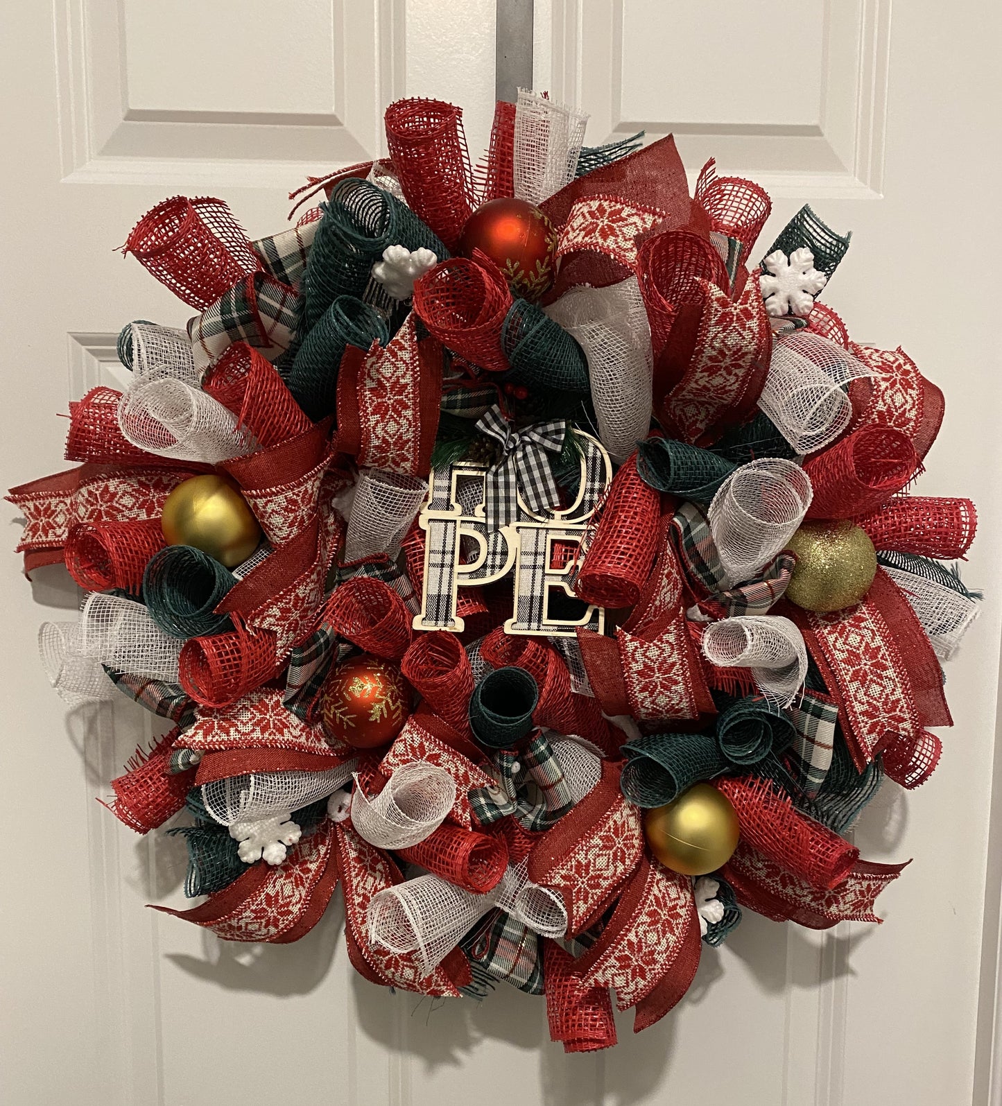 Red, green, white and gold (with red and gold ornaments) Christmas wreath - 14"