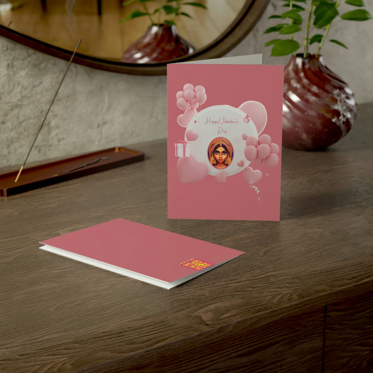 Pink Balloons, Mauve Background, Pink Happy Valentine's Day Folded Greeting Card