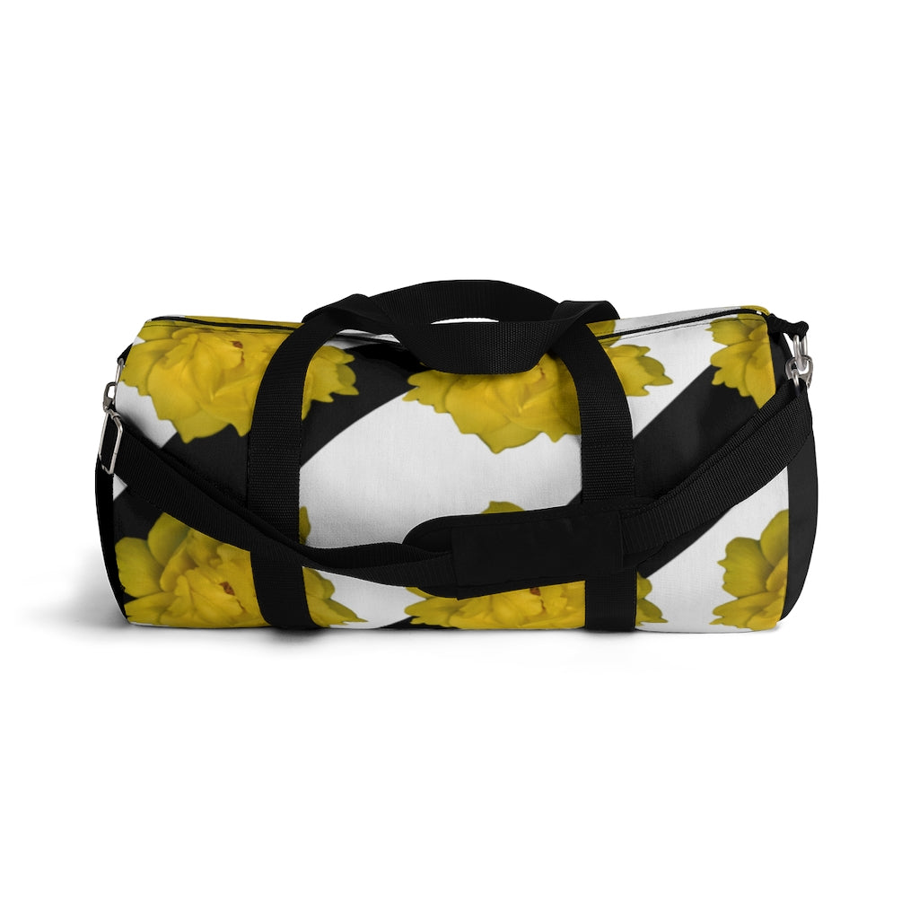 Black/White Stripes and Yellow Flowers Duffel Bag