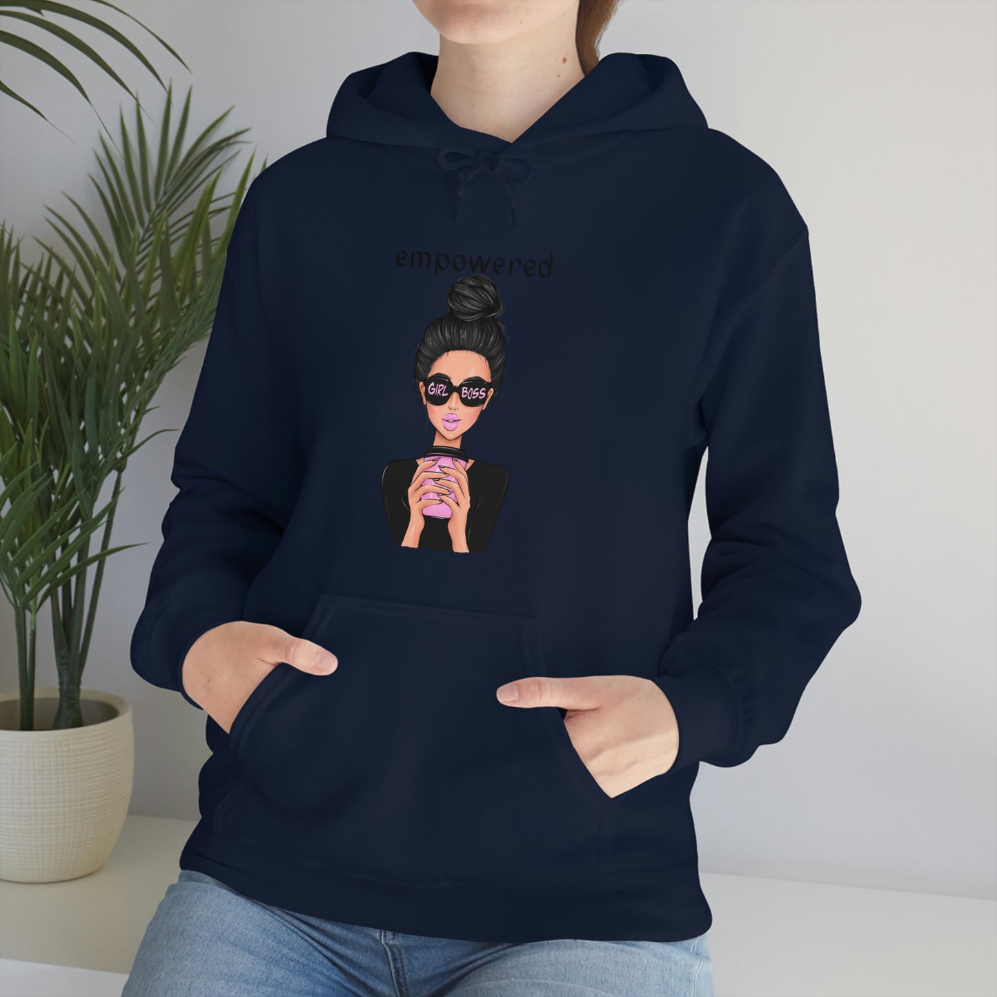 Empowered Girl (Caucasian with black hair) Boss Hooded Sweatshirt