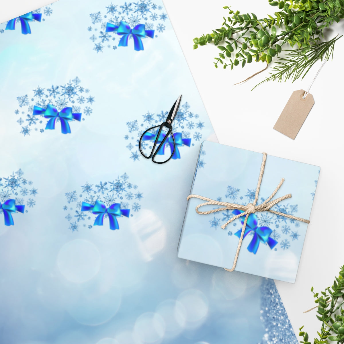 Blue Snow and Blue Bows - Wrapping Paper