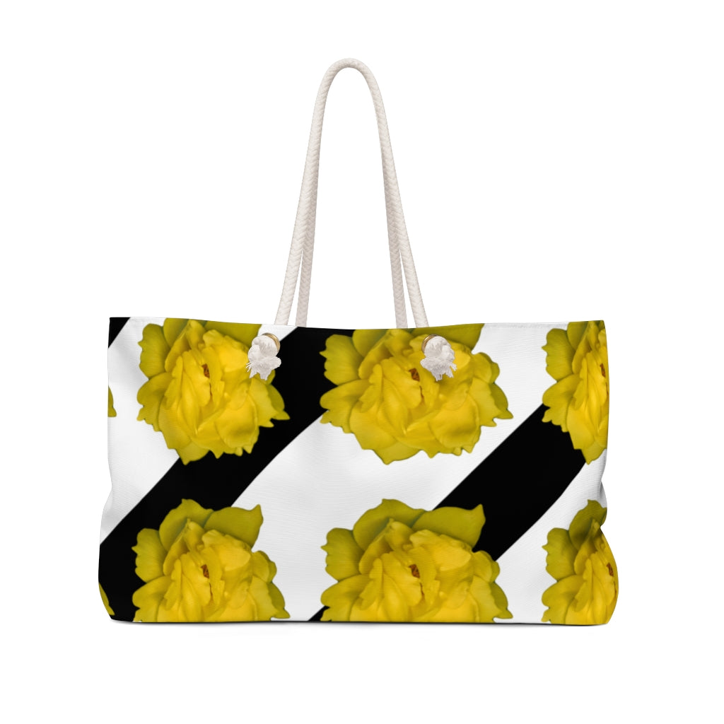 Black/White Stripes and Yellow Flowers Weekender Bag