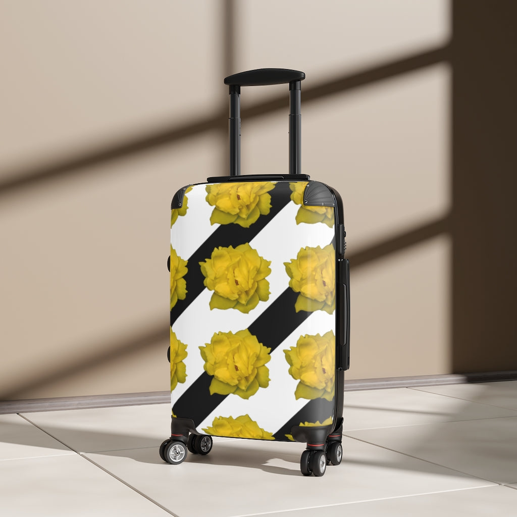 Black/White Stripes and Yellow Flowers Suitcase