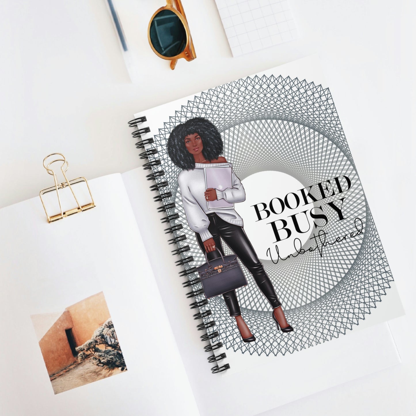 Booked, Busy, Unbothered (African American) (Silver Spiral Cover) Spiral Notebook - Ruled Line