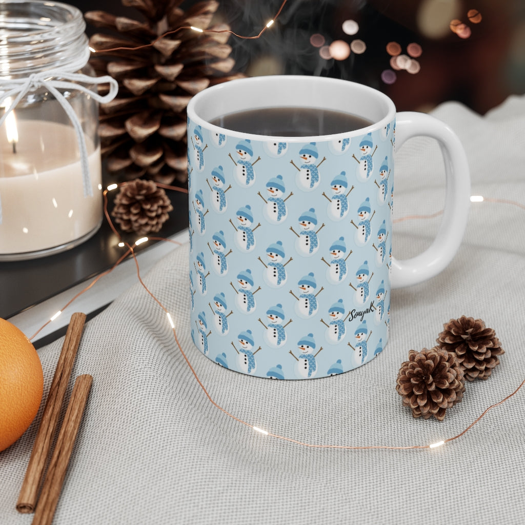 Blue Scarf Snowmen Mug