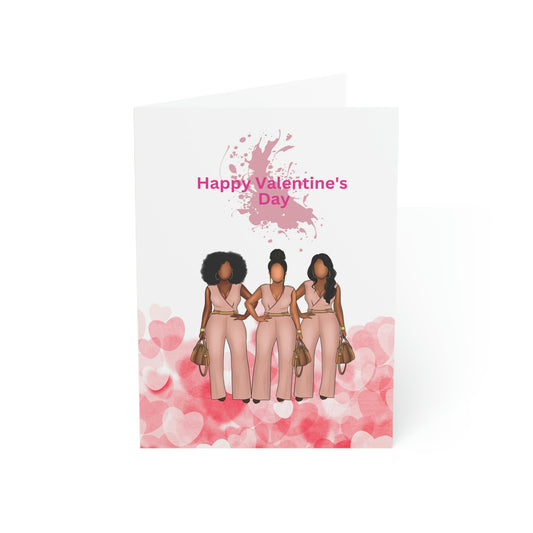 Pink Hearts, Pink Background, 3 Pink Ladies Happy Valentine's Day Folded Greeting Card