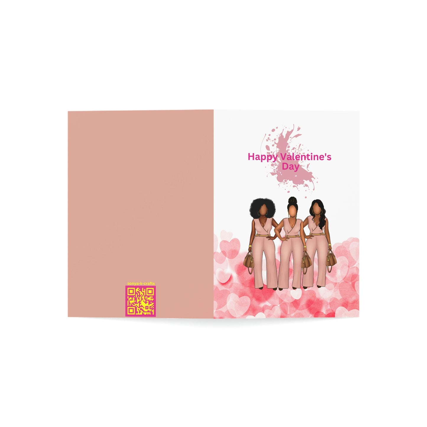 Pink Hearts, Pink Background, 3 Pink Ladies Happy Valentine's Day Folded Greeting Card