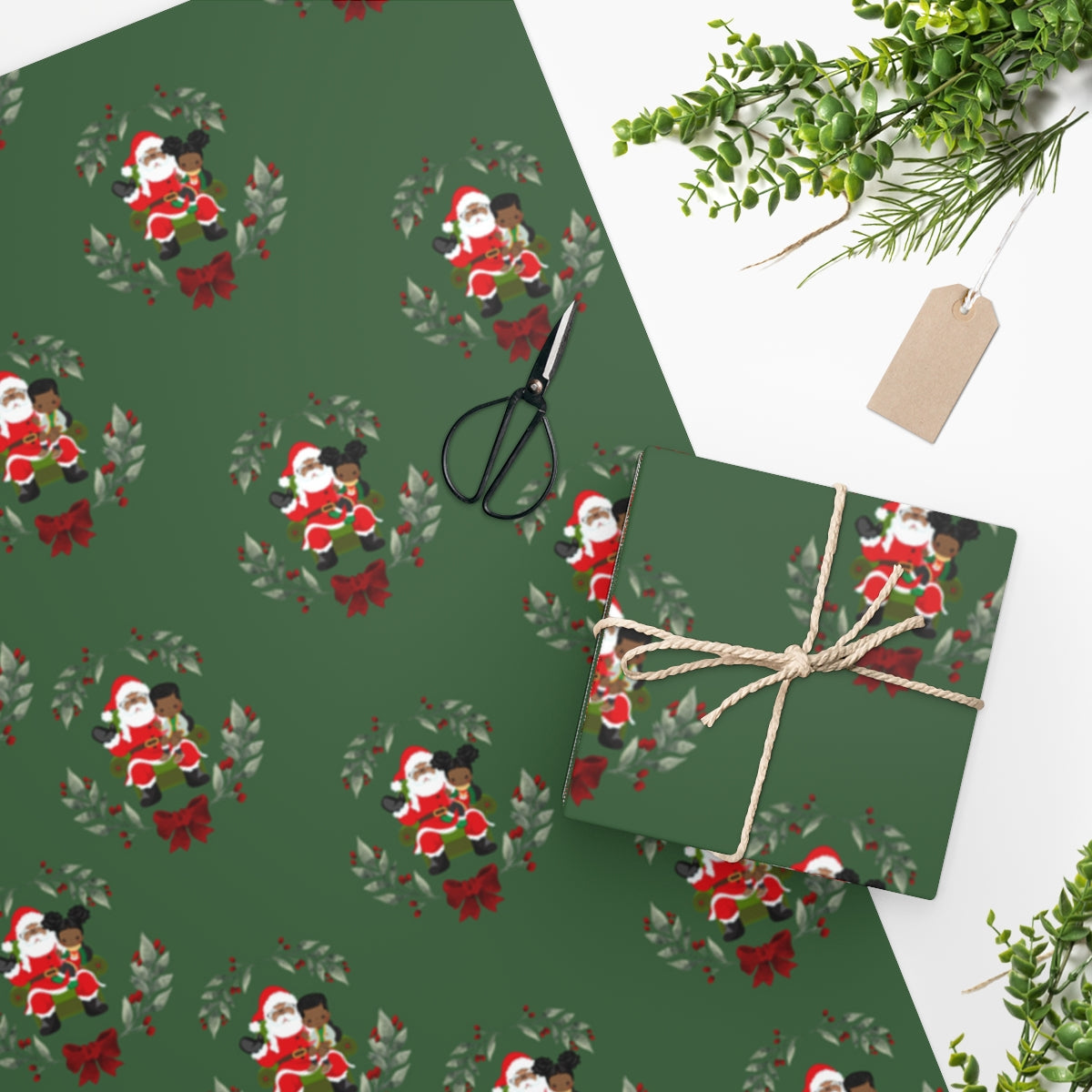 Sitting on Santa's Lap (dark green background) - Wrapping Paper