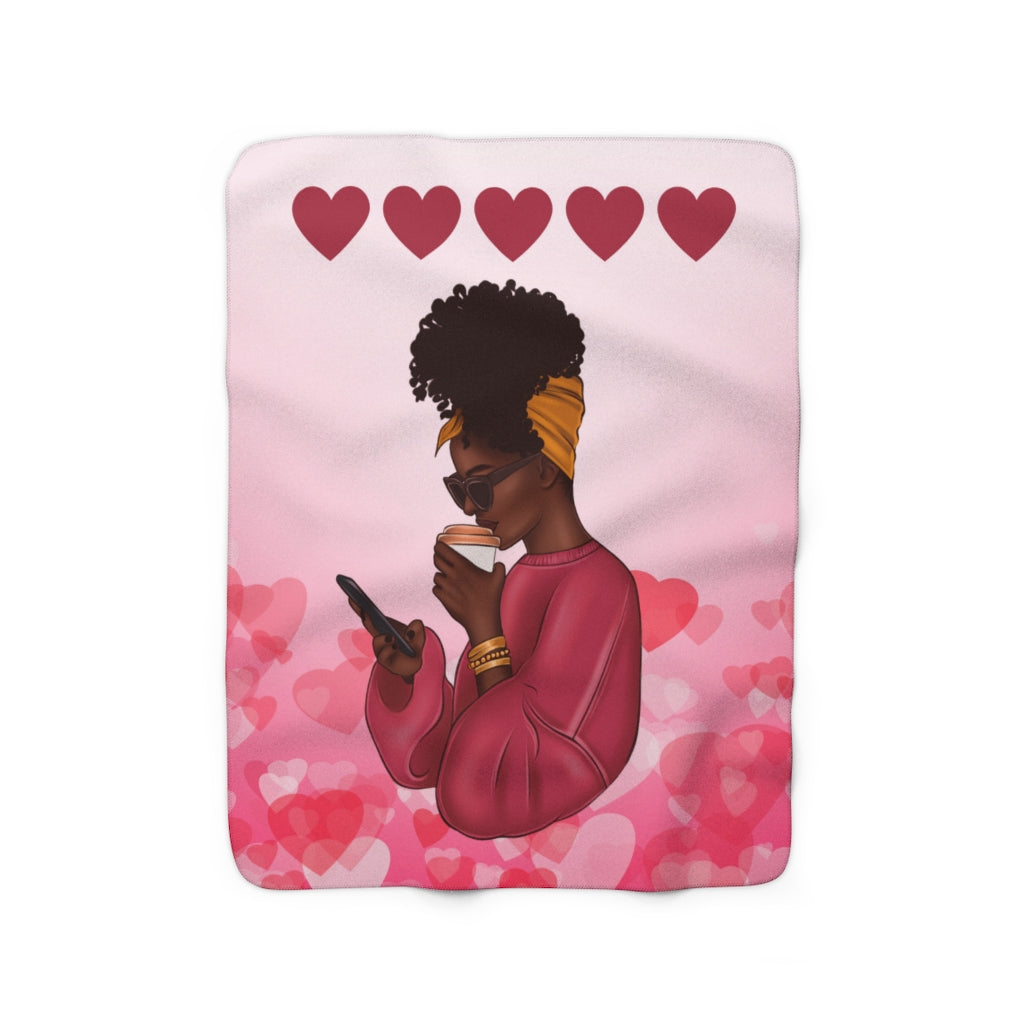 Pink Hearts and Coffee Sherpa Fleece Blanket