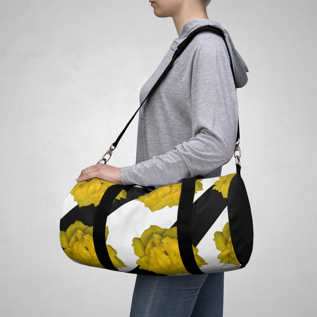 Black/White Stripes and Yellow Flowers Duffel Bag