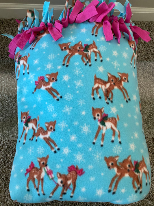 Happy Christmas 2 Deer Playing Fleece, Tied Blanket