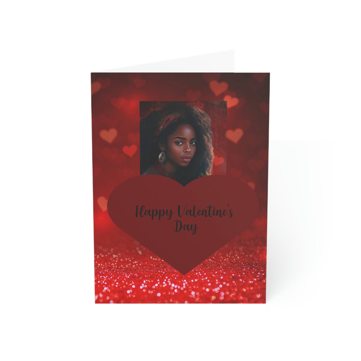 Red Heart, Burgundy Background, Black Happy Valentine's Day Folded Greeting Card