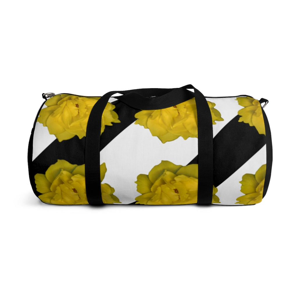 Black/White Stripes and Yellow Flowers Duffel Bag